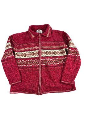 VTG Tiara International Red Fair Isle Knit Cardigan Sweater Sz S Full Zip Nordic